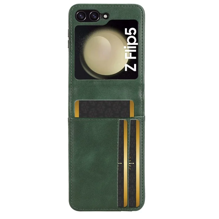For Samsung Galaxy Z Flip5 5G Card Holder Phone Case PU Leather PC Shockproof Phone Protector Cover - Green