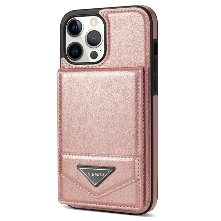 N.BEKUS For iPhone 14 Pro RFID Blocking PU Leather Coated TPU Phone Case Card Slots Kickstand Back Cover - Pink