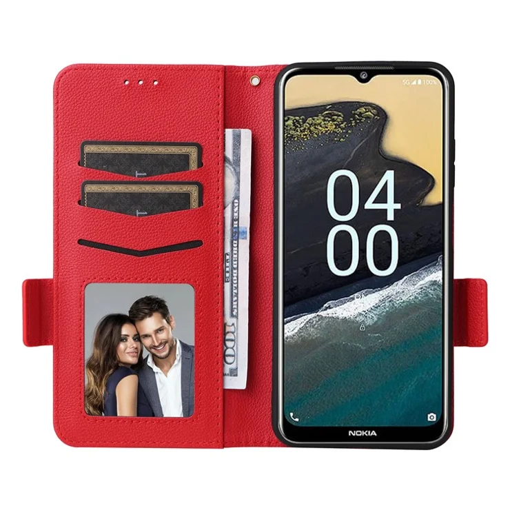 For Nokia G310 Litchi Texture PU Leather Cell Phone Case Wallet Stand Anti-Fingerprint Cover - Red
