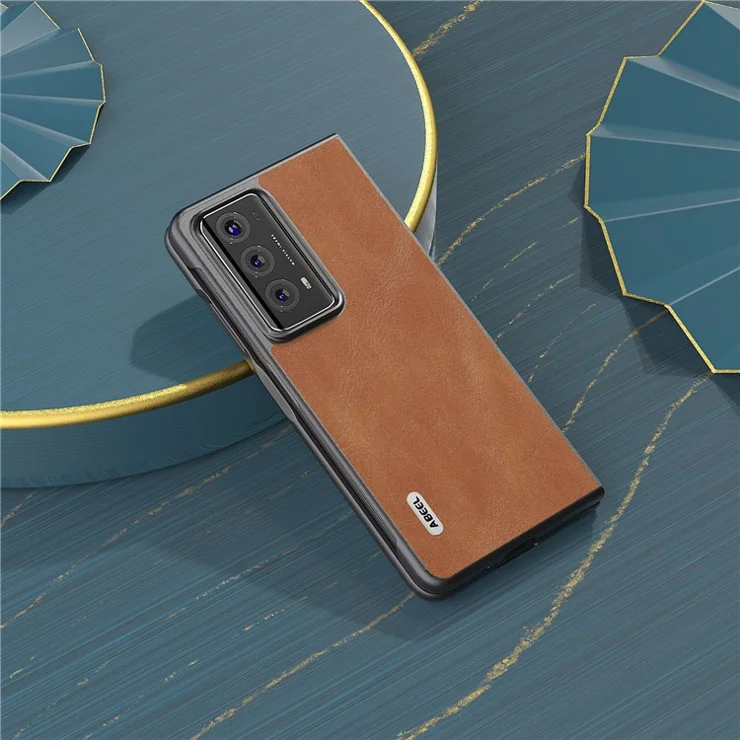 ABEEL Anti-Drop Phone Case for Honor Magic V2 5G Cowhide Texture Shockproof PU+PC Cover - Brown