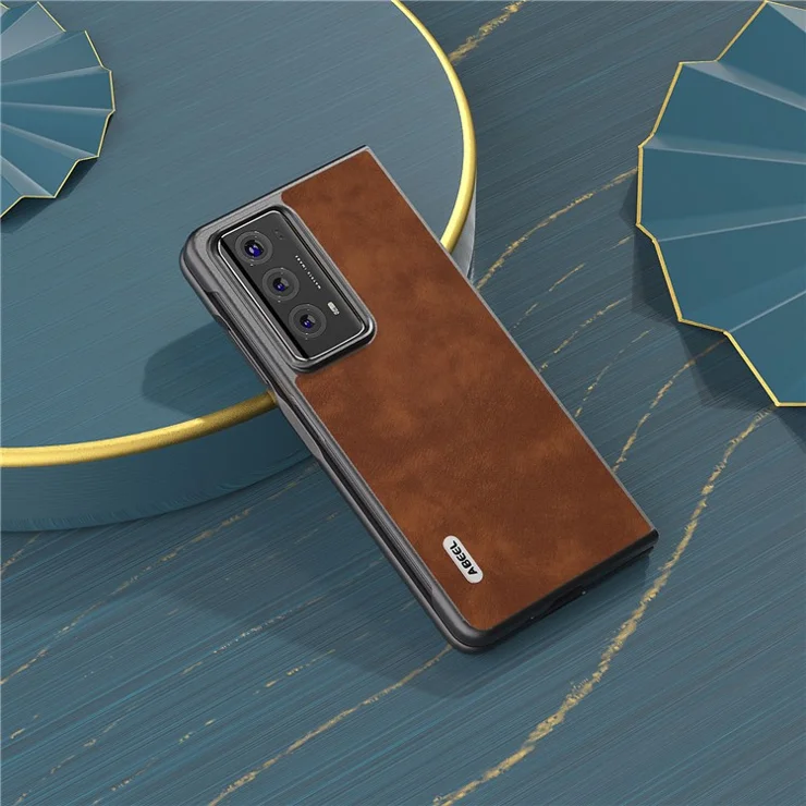 ABEEL For Honor Magic V2 5G Textured Leather Coated PC Phone Case Anti-Scratch Phone Cover - Brown