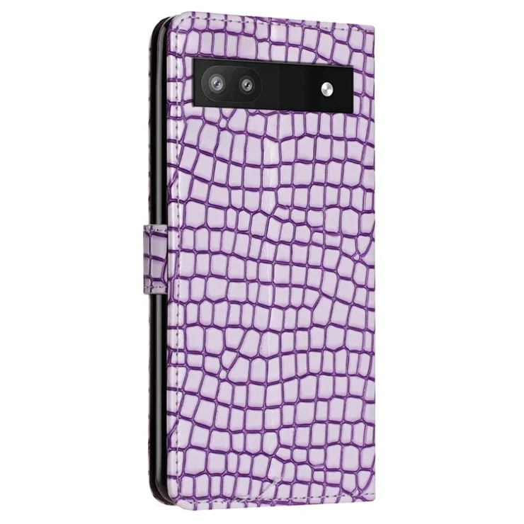For Google Pixel 6a Stand Function Leather Cover Crocodile Texture Wallet Phone Case with Strap - Purple