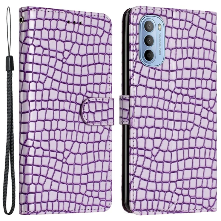 For Motorola Moto G62 5G Wallet Design PU Leather Phone Case Crocodile Texture Stand Flip Cover with Strap - Purple