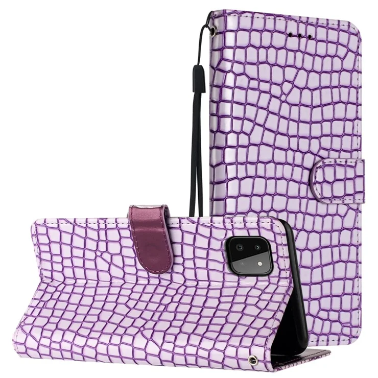 For Samsung Galaxy A22 5G (EU Version) Leather Wallet Phone Case Crocodile Texture Stand Flip Cover with Strap - Purple
