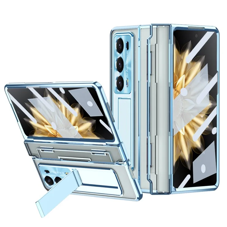 For Honor Magic V2 5G Hard PC Phone Case Folding Kickstand Full Body Protection Cover with Tempered Glass Film - Blue