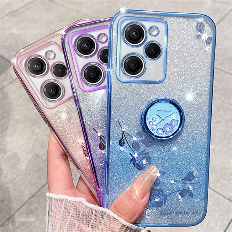 KADEM For Huawei nova Y61 4G / Enjoy 50z 4G Bump Proof Flower Pattern Glitter TPU Cover Phone Case with Ring Kickstand - Purple