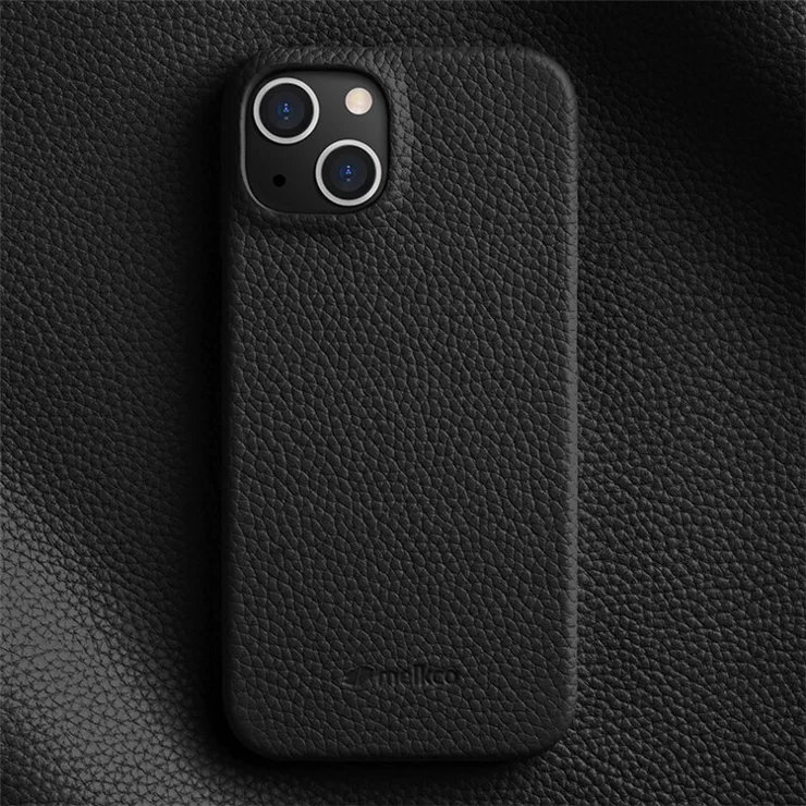 MELKCO For iPhone 14 Plus Anti-drop Cell Phone Case Genuine Cow Leather Coated PC Cover - Black
