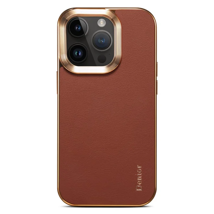 DENIOR For iPhone 12 Pro Max Genuine Cow Leather+PC Phone Case Electroplating Protective Cover - Brown