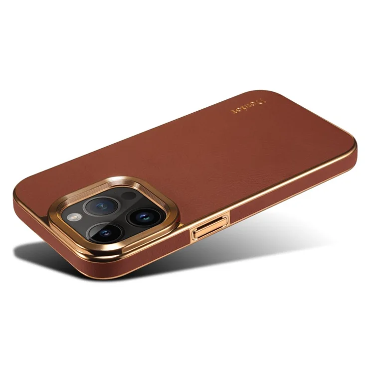 DENIOR For iPhone 12 Pro Max Genuine Cow Leather+PC Phone Case Electroplating Protective Cover - Brown