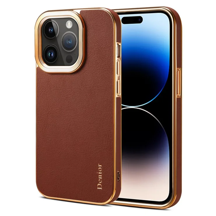 DENIOR Electroplating Phone Case for iPhone 14 Pro Max , Genuine Cow Leather+PC Drop Protection Cover - Brown