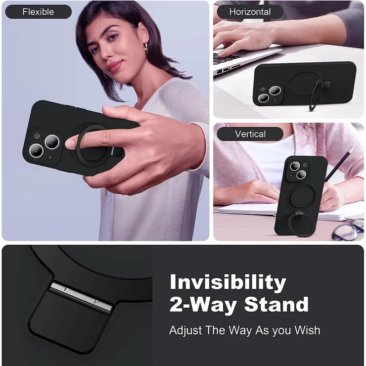 For iPhone 14 Magnetic Phone Case Hidden Kickstand Protective Cover Shockproof Liquid Silicone Shell - Black