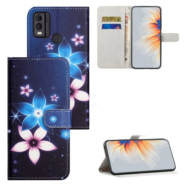 For Nokia C32 / C22 PU Leather Wallet Phone Case 3D Pattern Printing Phone Stand Cover - Blue Flower