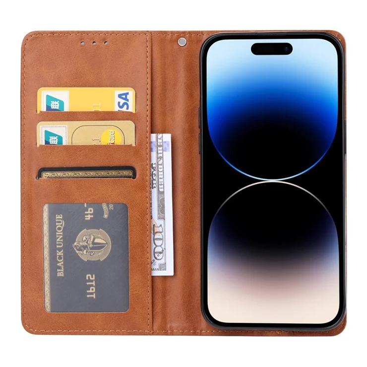 For iPhone 15 Pro Magnetic Closing Leather Wallet Cover Flip Stand Phone Case - Wine Red