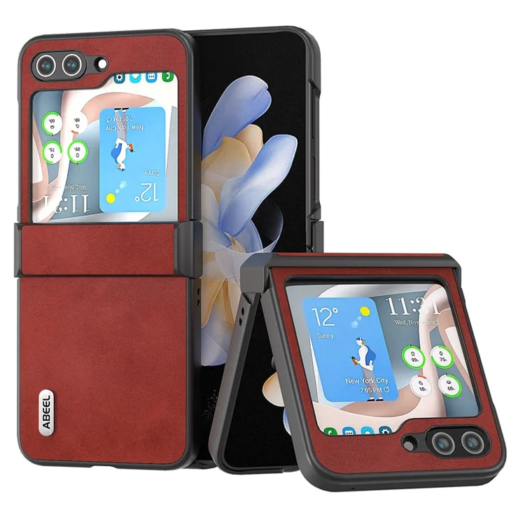 ABEEL For Samsung Galaxy Z Flip5 5G PU Leather + PC Phone Case Cowhide Texture Hinge Protection Cover - Red