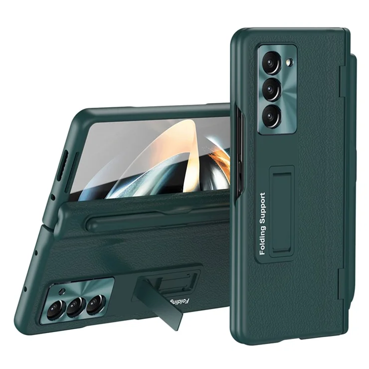 For Samsung Galaxy Z Fold5 5G Kickstand Case Hinge Protection PU Leather PC Cover with Tempered Glass Film, Pen - Green