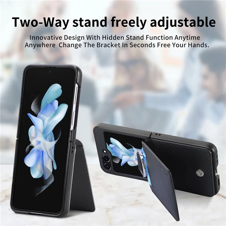 JUNSUNMAY For Samsung Galaxy Z Flip5 5G Card Holder Kickstand Phone Case Litchi Texture PU+PC Phone Cover - Beige