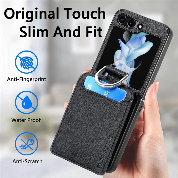 JUNSUNMAY For Samsung Galaxy Z Flip5 5G Card Holder Kickstand Phone Case Litchi Texture PU+PC Phone Cover - Beige