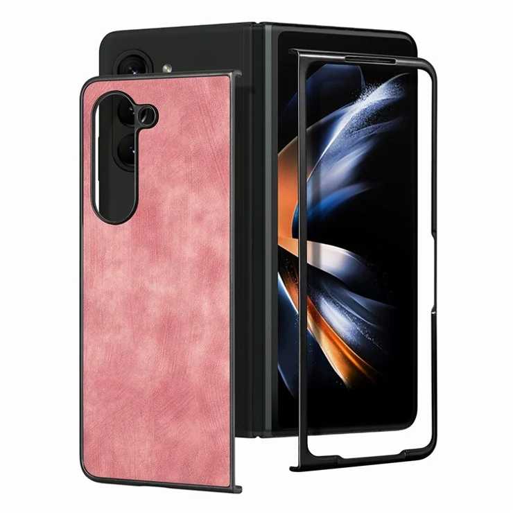 JUNSUNMAY For Samsung Galaxy Z Fold5 5G Slim Phone Case Anti-Drop Retro Texture PU+PC Phone Protector - Pink