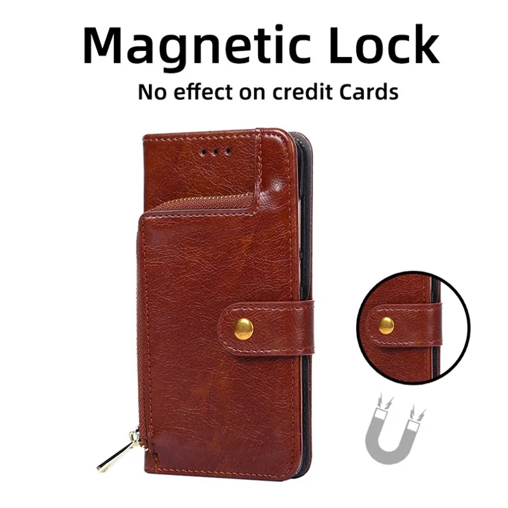 For Realme 11 Pro 5G / 11 Pro+ 5G Stand Wallet Case Anti-drop Zipper Pocket PU Leather Phone Cover with Strap - Brown