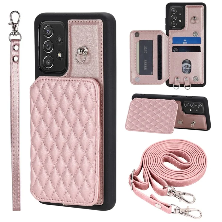 Style 008 For Samsung Galaxy A53 5G RFID Blocking Kickstand Case Rhombus Imprinted PU+TPU Phone Cover with Straps - Rose Gold