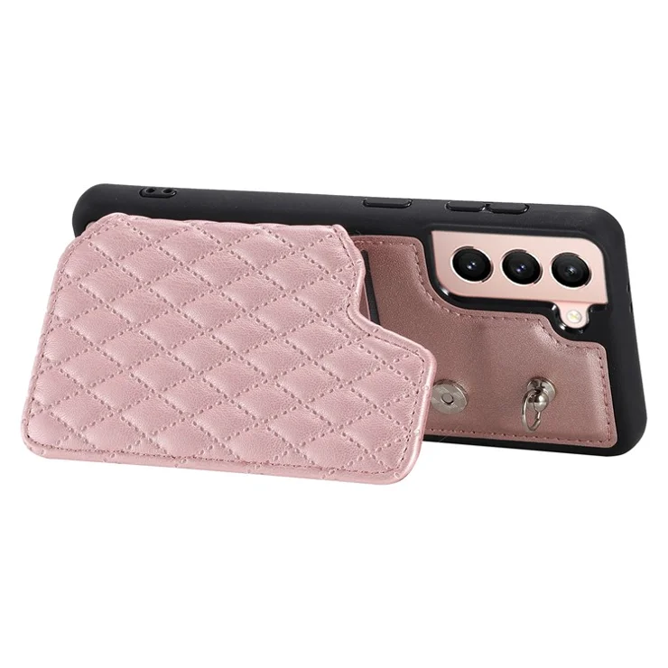 Style 008 RFID Blocking Phone Case for Samsung Galaxy S22 5G Rhombus Imprinted PU+TPU Phone Cover with Straps - Rose Gold