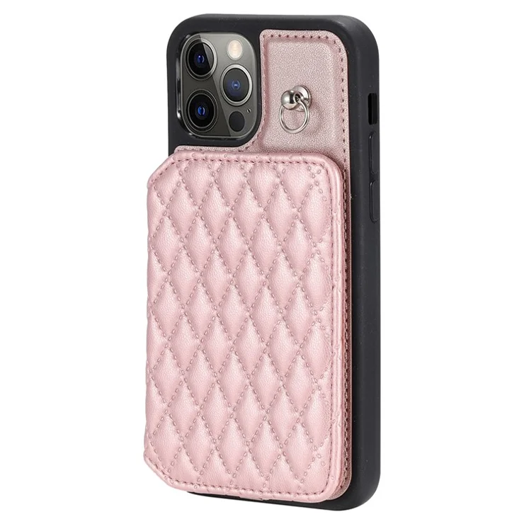 Style 008 Protective Phone Case for iPhone 12 Pro Max 6.7 inch RFID Blocking Imprinted PU+TPU Phone Cover with Straps - Rose Gold