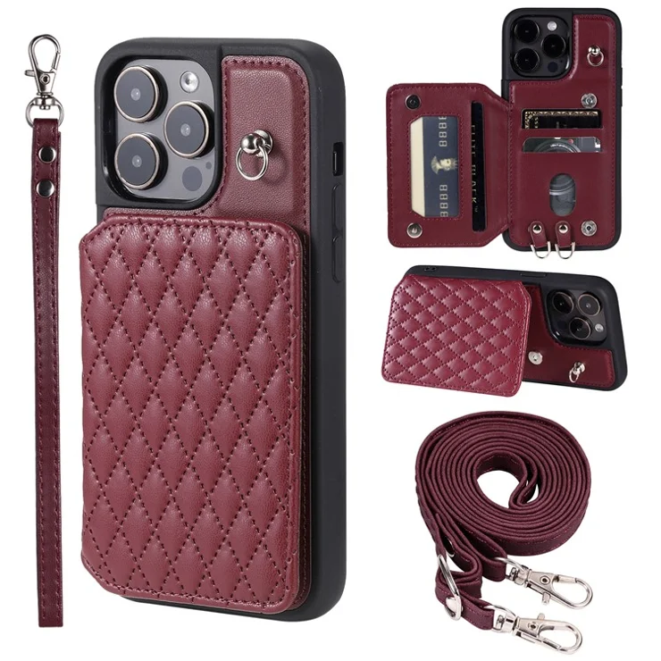 Style 008 For iPhone 13 Pro Max 6.7 inch Shockproof Phone Case RFID Blocking PU+TPU Phone Shell with Straps - Wine Red