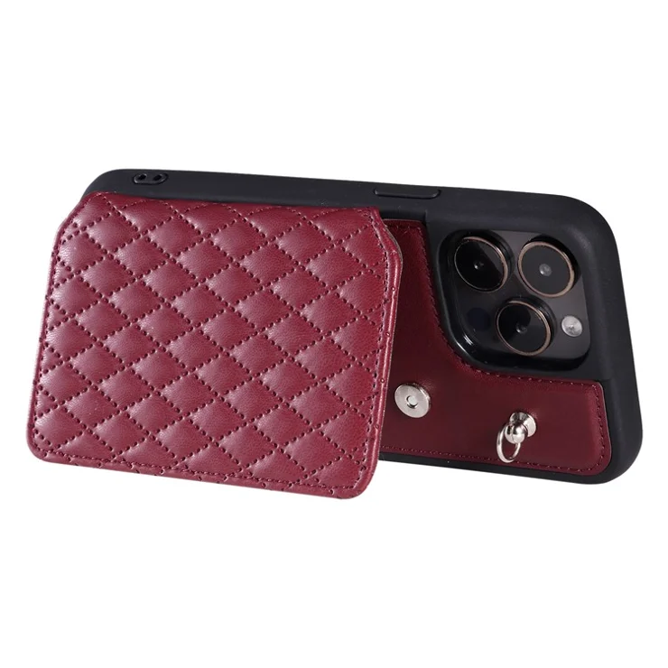 Style 008 For iPhone 13 Pro Max 6.7 inch Shockproof Phone Case RFID Blocking PU+TPU Phone Shell with Straps - Wine Red