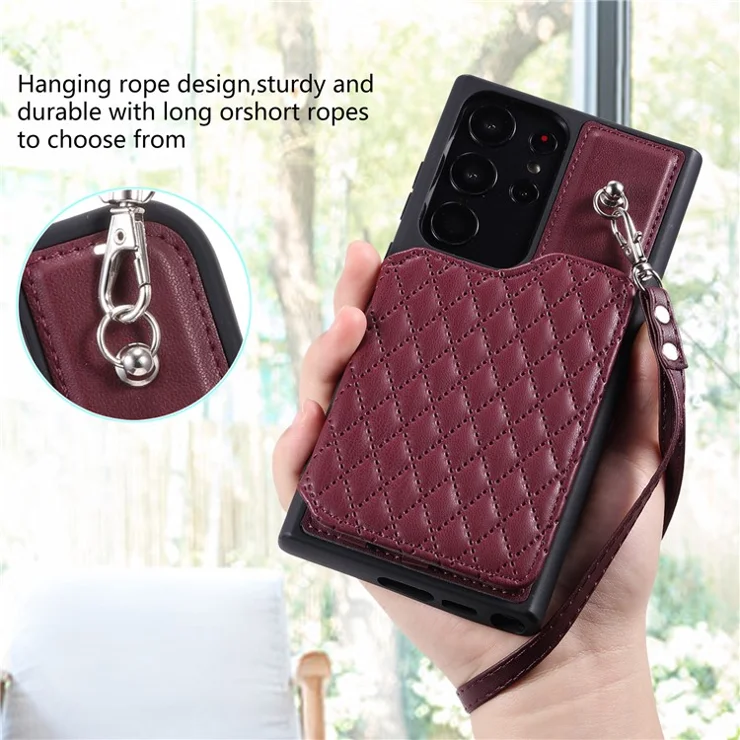 Style 008 For Samsung Galaxy S23 Ultra Leather Coated TPU Phone Cover RFID Blocking Card Holder Case - Wine Red