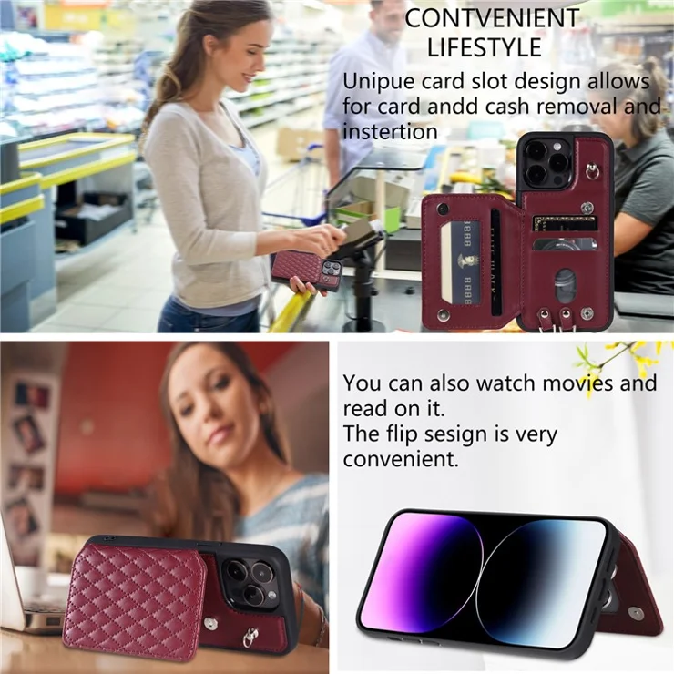Style 008 Kickstand Phone Cover for iPhone 13 Pro Max 6.7 inch , PU Leather+TPU RFID Blocking Card Holder Shell with Wrist Strap - Wine Red