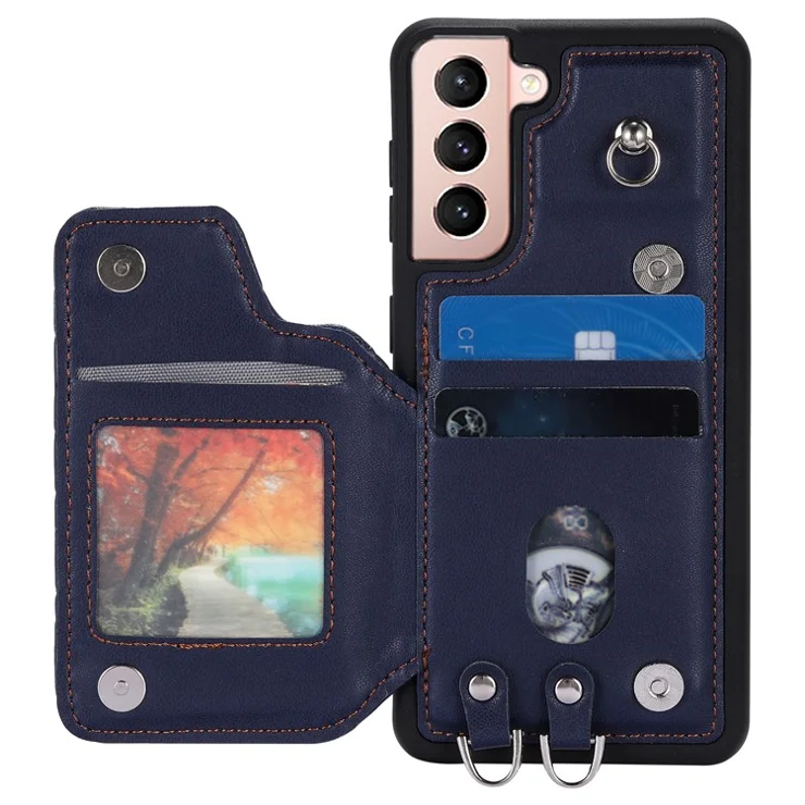 Style 008 For Samsung Galaxy S21 4G / 5G Kickstand Case RFID Blocking PU Leather+TPU Phone Shell with Card Slots and Wrist Strap - Blue