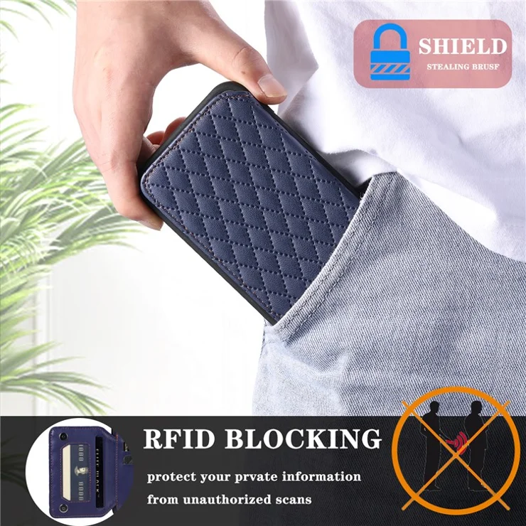 Style 008 For Samsung Galaxy S21 4G / 5G Kickstand Case RFID Blocking PU Leather+TPU Phone Shell with Card Slots and Wrist Strap - Blue