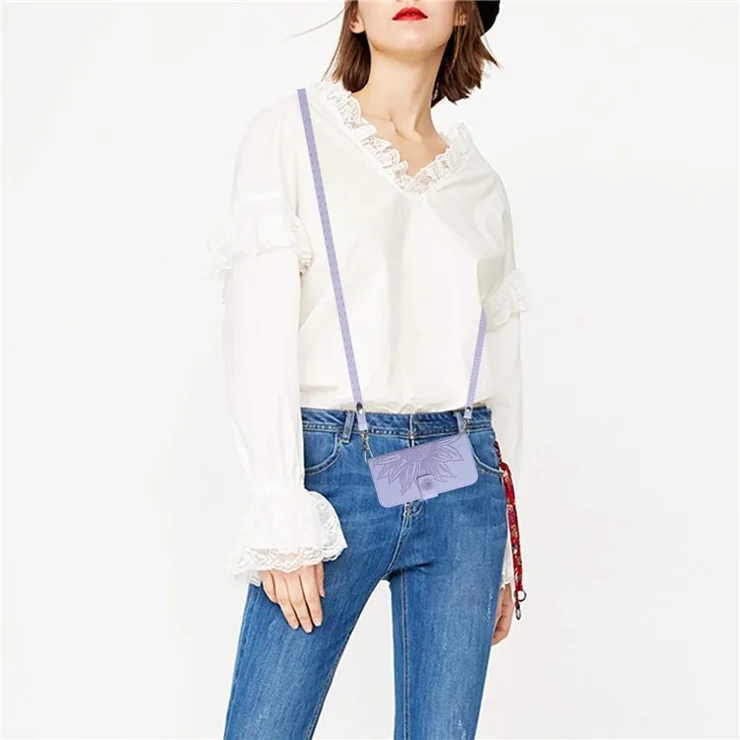 HT04 For Oppo A78 4G Sunflower Imprint PU Leather Wallet Phone Case Stand Cover with Shoulder Strap - Light Purple