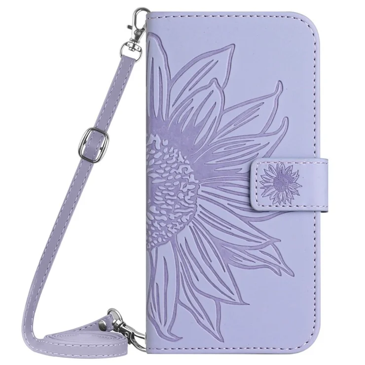 HT04 For Google Pixel 8 Leather Wallet Stand Case Sunflower Imprinted Phone Cover with Shoulder Strap - Light Purple