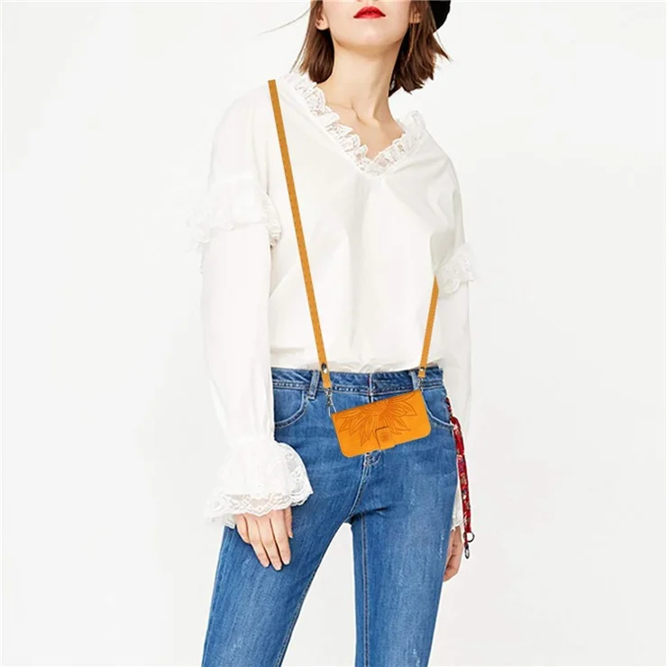 HT04 For Google Pixel 8 Leather Wallet Stand Case Sunflower Imprinted Phone Cover with Shoulder Strap - Yellow