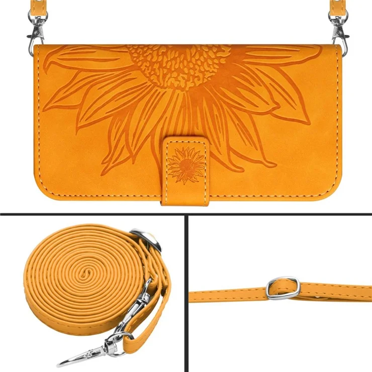 HT04 For Google Pixel 8 Leather Wallet Stand Case Sunflower Imprinted Phone Cover with Shoulder Strap - Yellow
