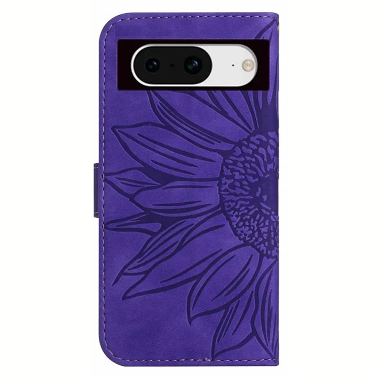 HT04 For Google Pixel 8 Leather Wallet Stand Case Sunflower Imprinted Phone Cover with Shoulder Strap - Dark Purple