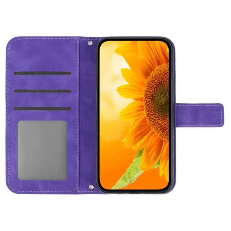 HT04 For Google Pixel 8 Leather Wallet Stand Case Sunflower Imprinted Phone Cover with Shoulder Strap - Dark Purple