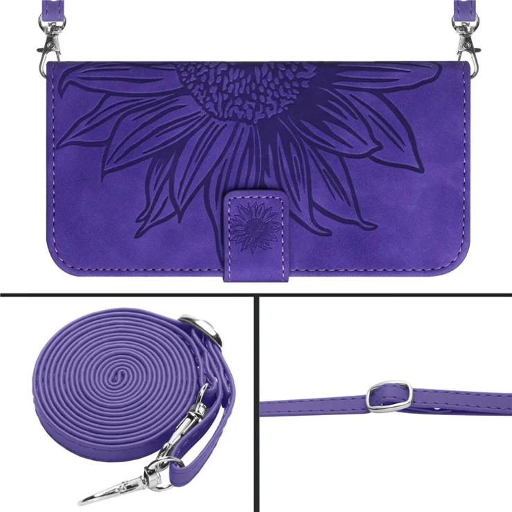 HT04 For Google Pixel 8 Leather Wallet Stand Case Sunflower Imprinted Phone Cover with Shoulder Strap - Dark Purple