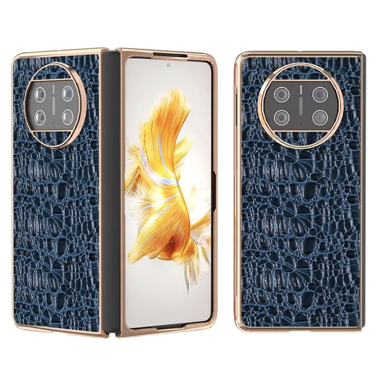 For Huawei Mate X3 5G Electroplating Phone Case Genuine Cow Leather Coated PC Canopy Texture Anti-Fall Cover - Blue