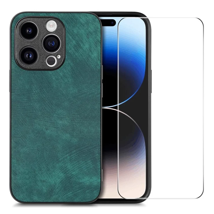 ENKAY HAT PRINCE For iPhone 14 Pro Max Phone Case Retro PU Leather Coated PC Cover with High Aluminium-silicon Glass Film - Green