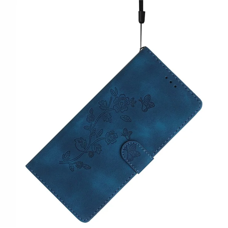 For iPhone 15 Phone Case Imprinted Flower Wallet Anti-Fingerprint PU Leather Magnetic Stand Cover - Blue