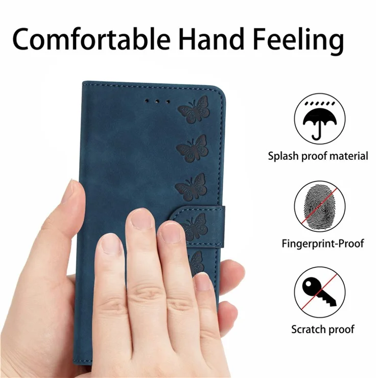 Anti-Scratch Phone Cover for iPhone 15 Pro Max , PU Leather Wallet Stand Imprinted Butterfly Phone Case - Blue