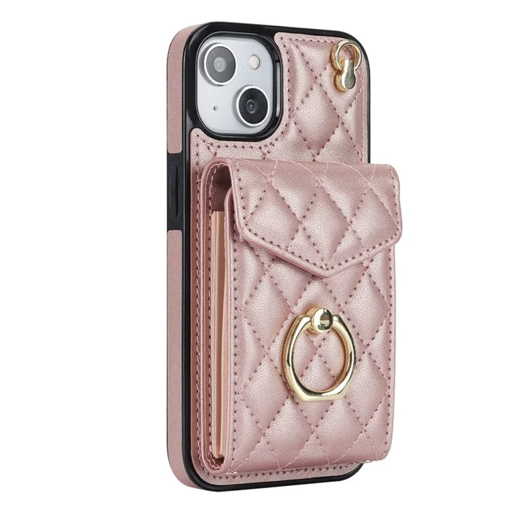 For iPhone 15 Plus RFID Blocking Phone Back Guard Case Multiple Card Slots Ring Kickstand PU Leather+TPU Cover - Rose Gold