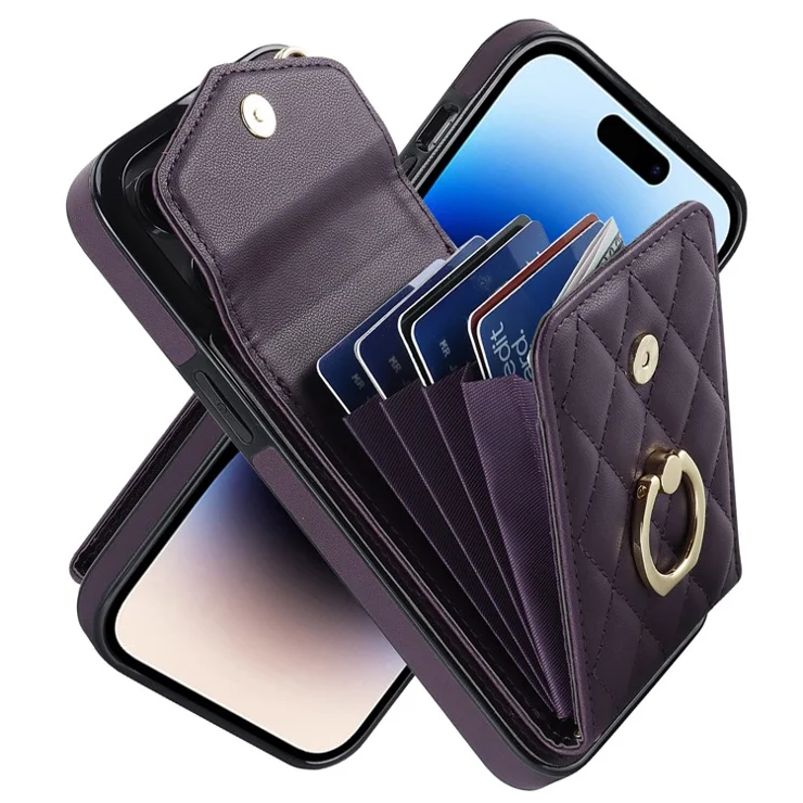 For iPhone 15 Pro RFID Blocking Back Case Multiple Card Slots PU Leather+TPU Phone Cover with Ring Kickstand - Dark Purple