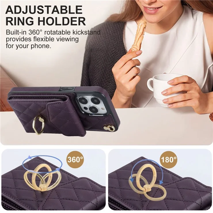 For iPhone 15 Pro RFID Blocking Back Case Multiple Card Slots PU Leather+TPU Phone Cover with Ring Kickstand - Dark Purple