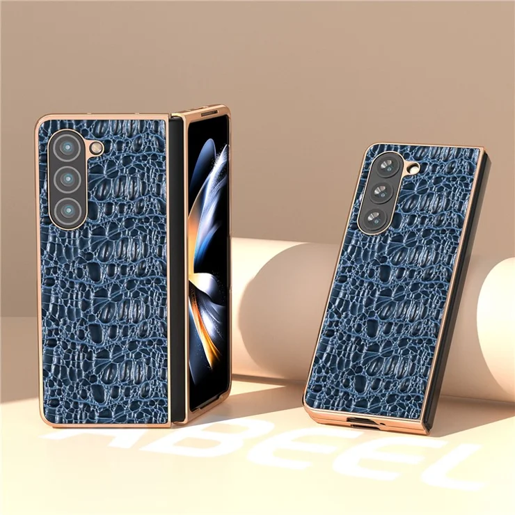 For Samsung Galaxy Z Fold5 5G Phone Case Genuine Cow Leather + PC Canopy Texture Electroplating Cover - Blue