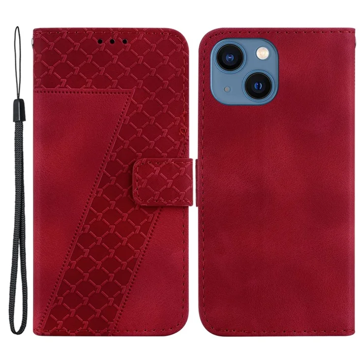 For iPhone 14 Plus Smartphone Case Stand Imprinted Pattern PU Leather Lightweight Wallet Cover - Red