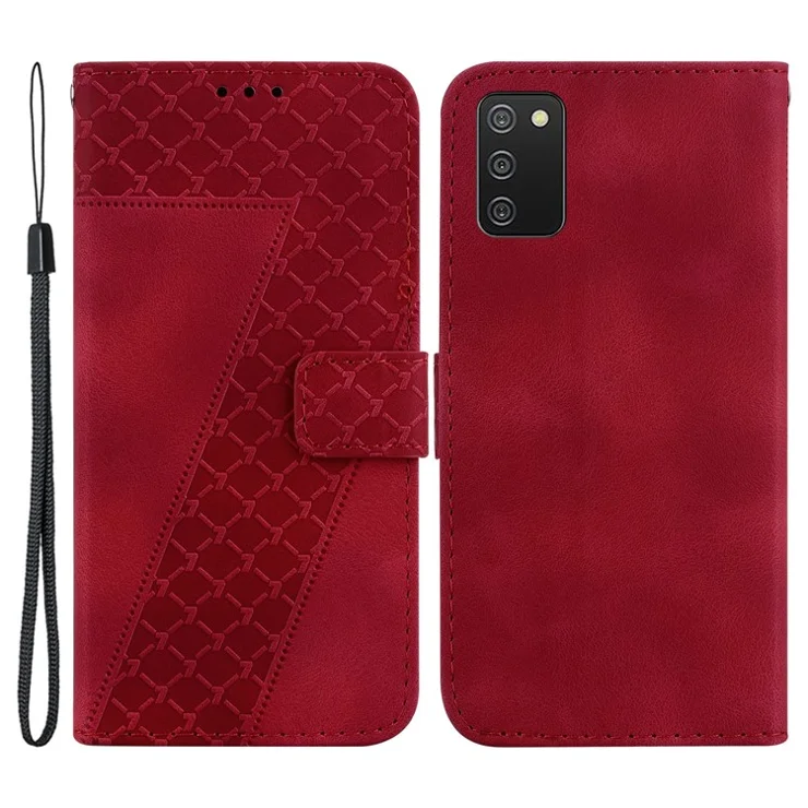 For Samsung Galaxy A03s (166.5 x 75.98 x 9.14mm) 7-Shape Imprinted PU Leather Phone Case Wallet Stand Cover - Red
