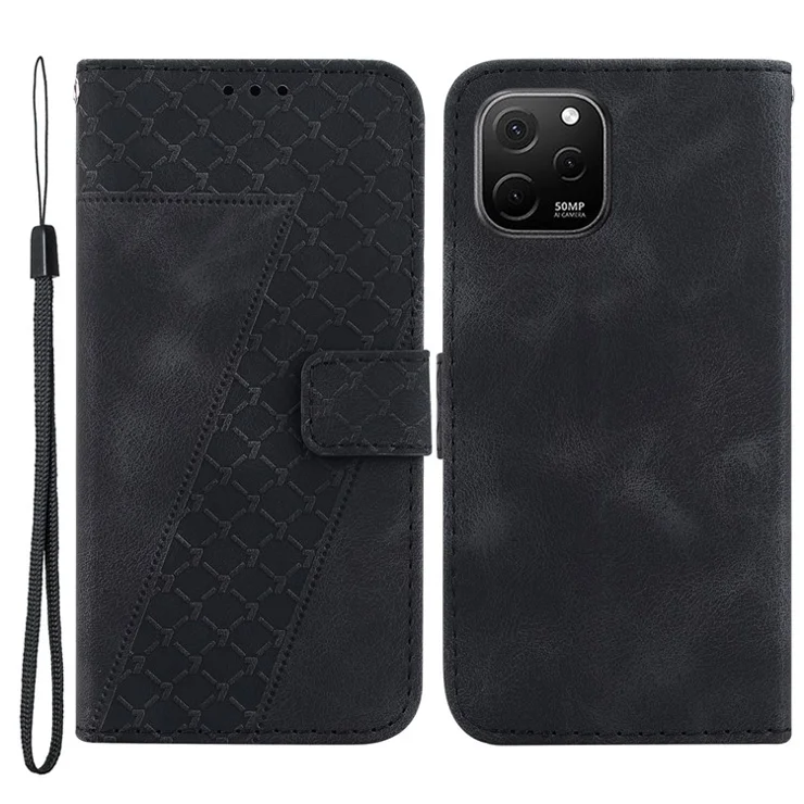For Huawei nova Y61 4G Stand Cover Imprinted 7-Shape Pattern Wallet Flip Leather Phone Case - Black